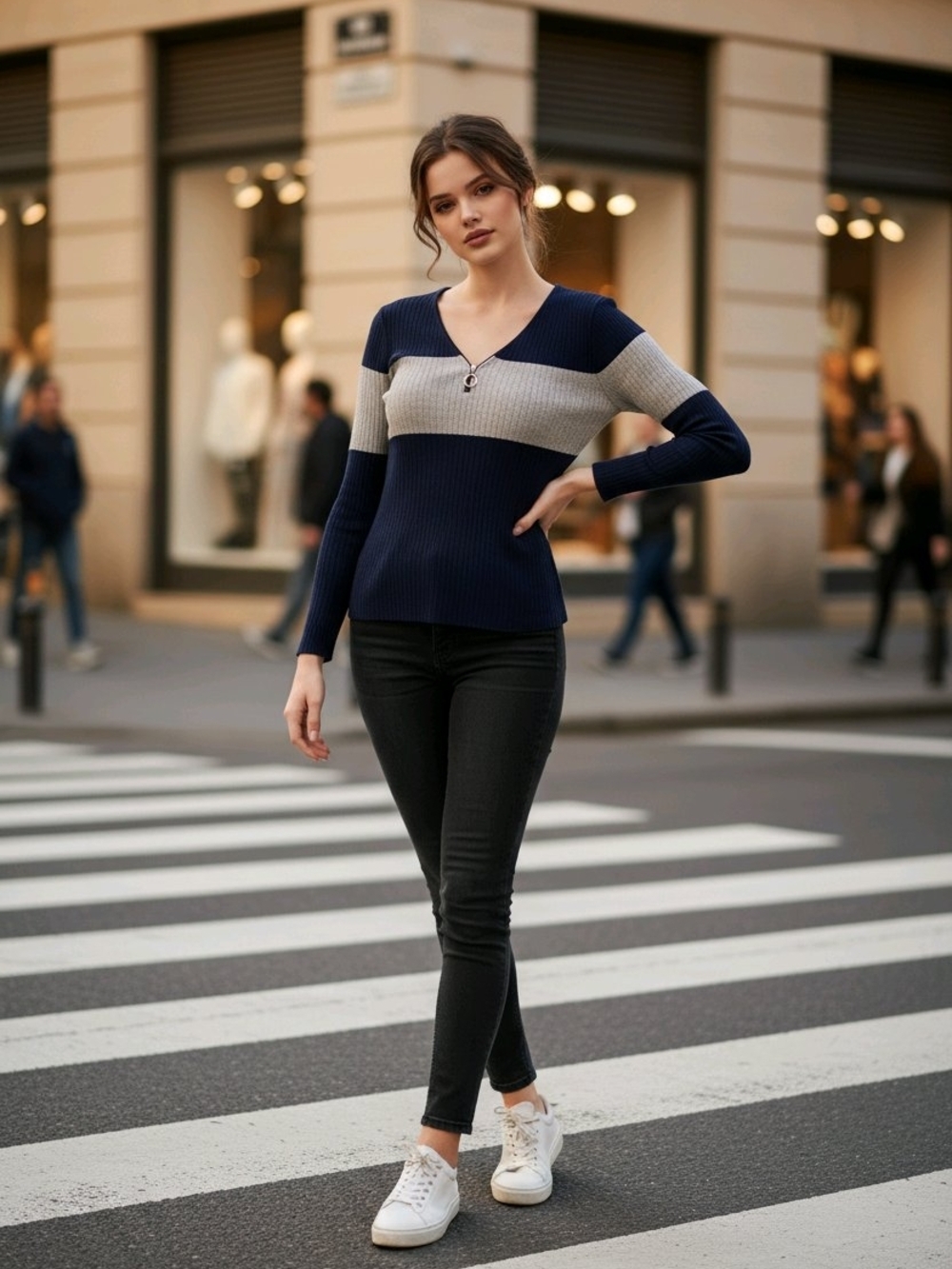 V-Neck Ribbed Colorblock Sweater - Navy & Gray